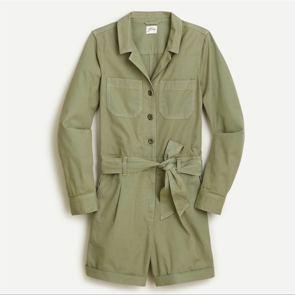 J Crew Foundry chino short coveralls army fatigue green tie waist